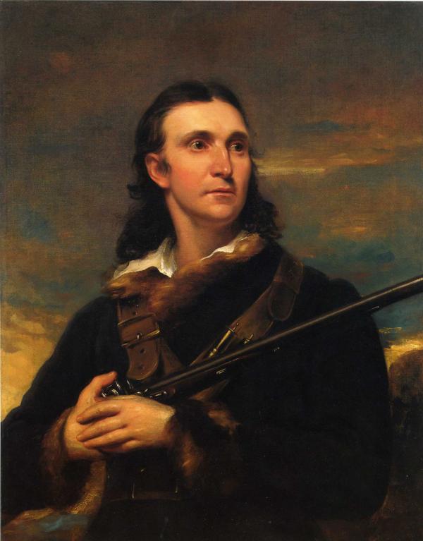 Oil on canvas of a man seated holding a rifle.